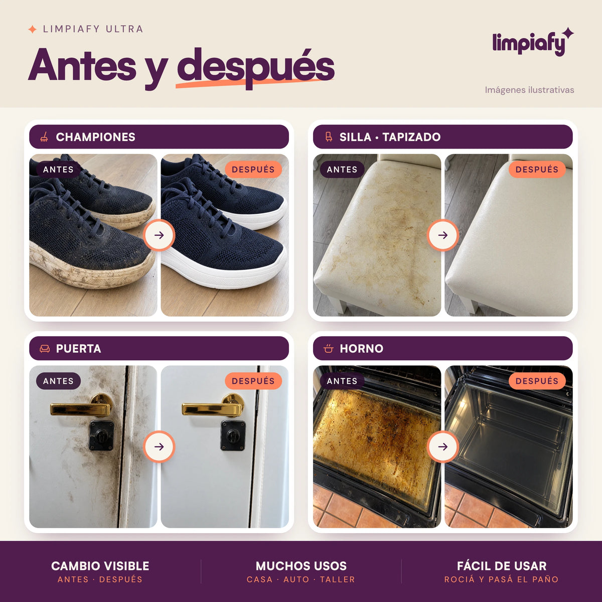 Antes y después: championes, silla tapizada, puerta y horno
